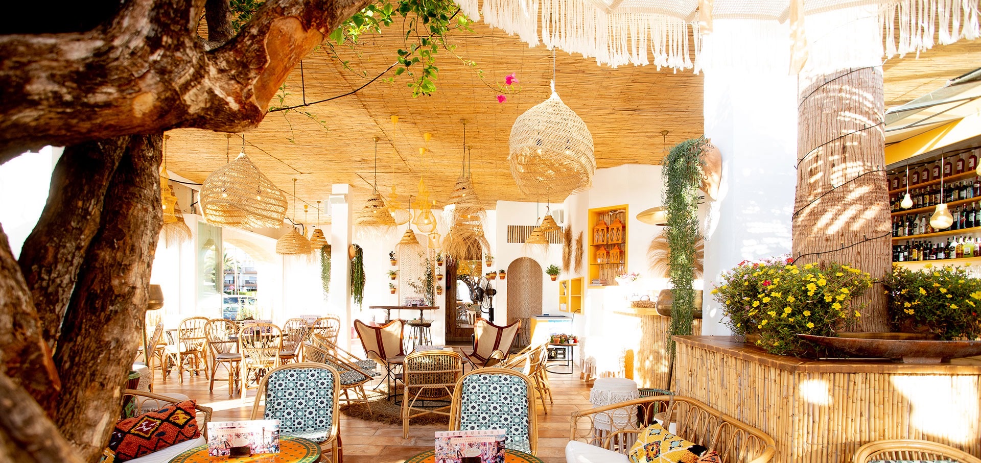 Intérieur avec lampes en osier, plafond en canisse et plantes