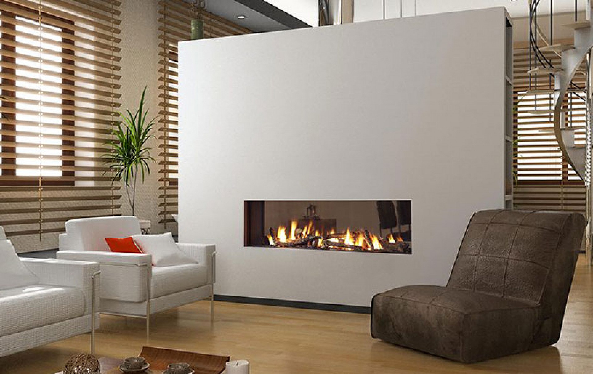 Linear fireplace set into a white partition wall in a living room